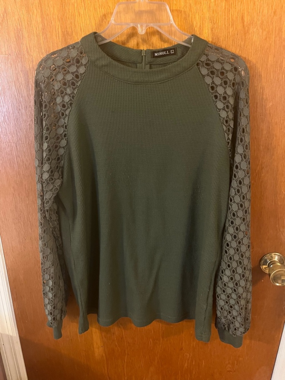 MIHOLL Olive Green Lace Raglan Long-Sleeve Top